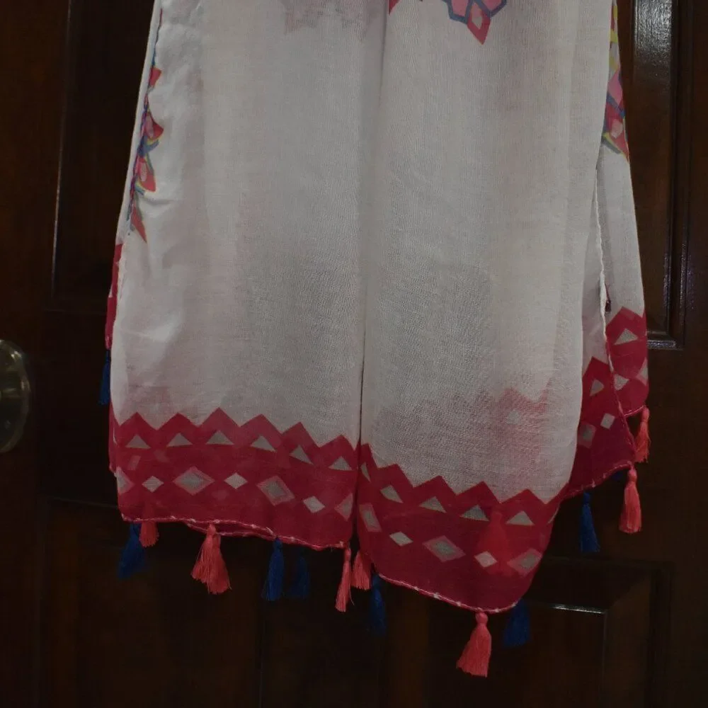 Boho Floral Tassel Scarf Shawl Red Pink White Sheer Lightweight Gypsy Chic